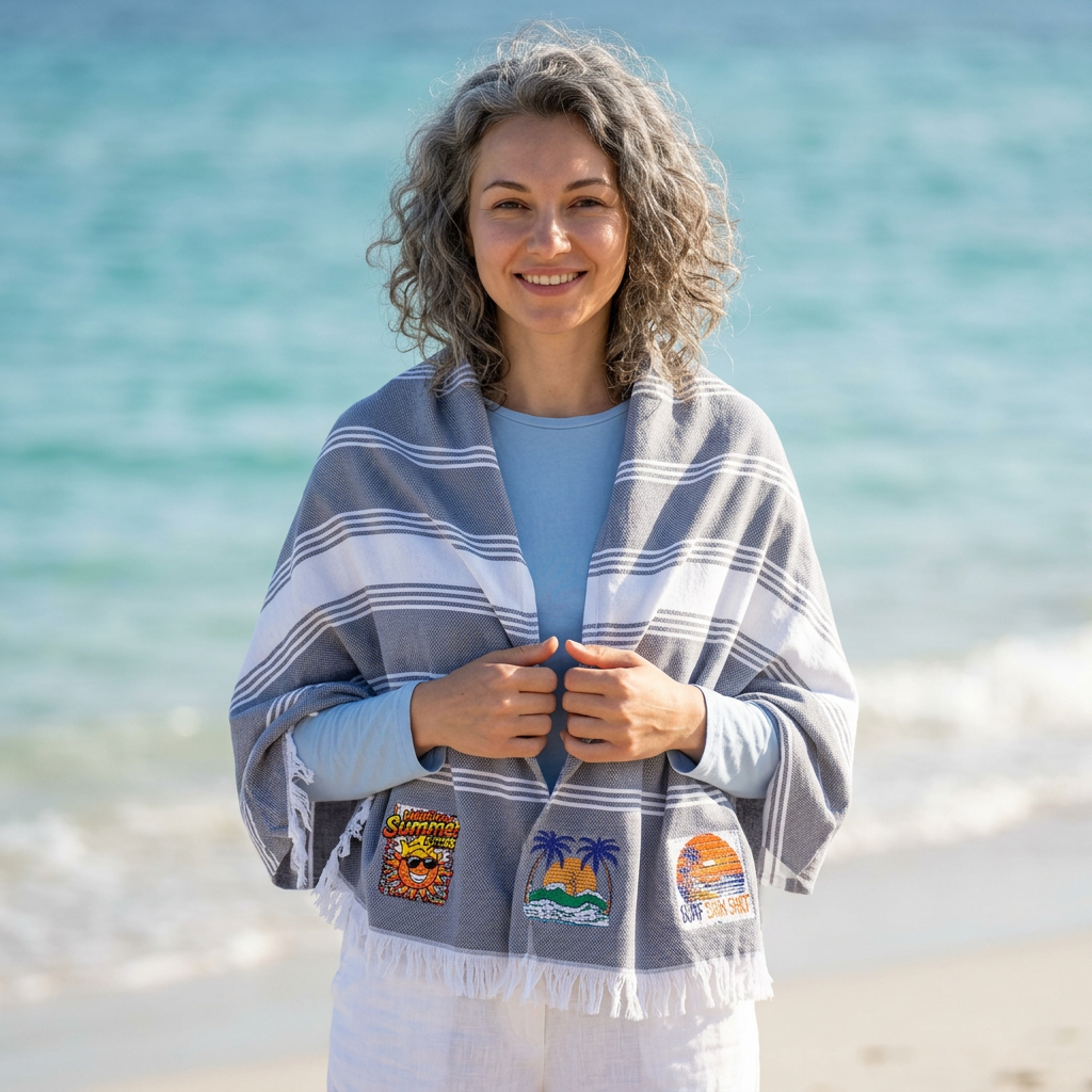 Embroidered Beach Throw Towel — Tropical Character Trio Accent