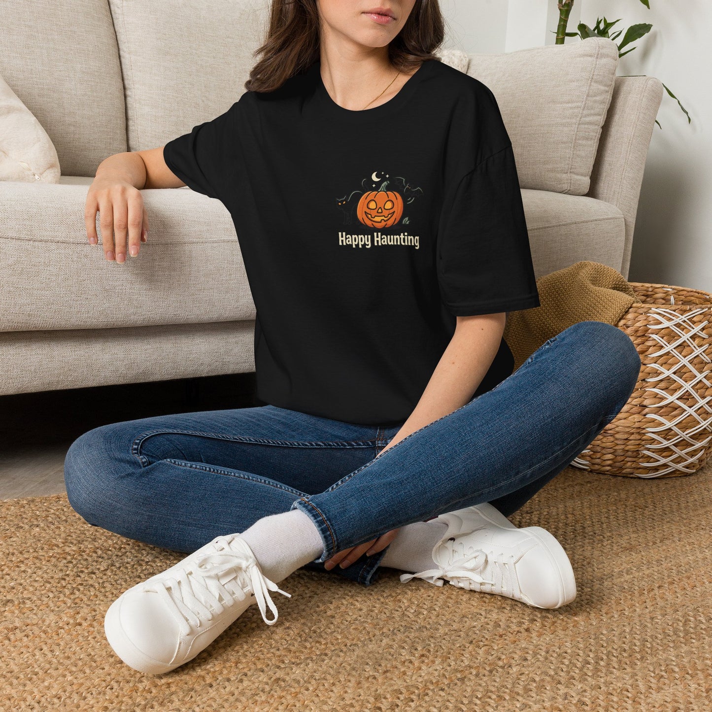 Halloween Pumpkin Graphic T-Shirt — "Happy Haunting" Cute Cat Jack-o'-Lantern Tee