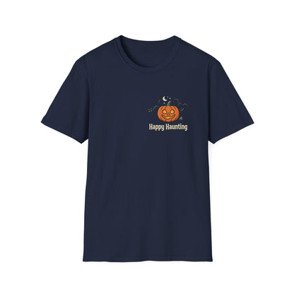 Halloween Pumpkin Graphic T-Shirt — "Happy Haunting" Cute Cat Jack-o'-Lantern Tee