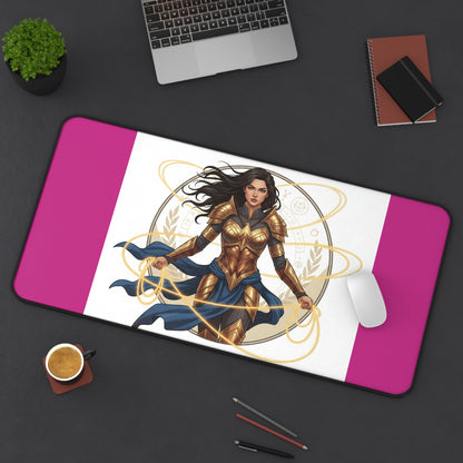 Wonder Warrior Desk Mat — Feminine Heroine Mouse Pad with Gold Armor Illustration