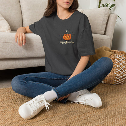 Halloween Pumpkin Graphic T-Shirt — "Happy Haunting" Cute Cat Jack-o'-Lantern Tee