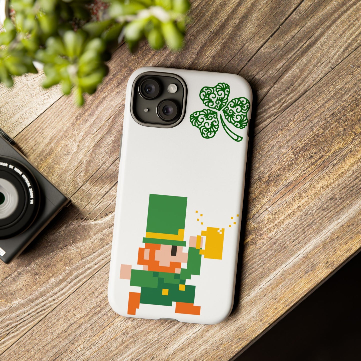 St. Patrick’s Pixel Leprechaun Phone Case — Cute Retro Gaming Clover Design
