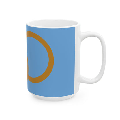 Blue Ceramic Mug with Interlocking Gold Rings – Minimalist Modern Coffee Cup (11oz, 15oz)
