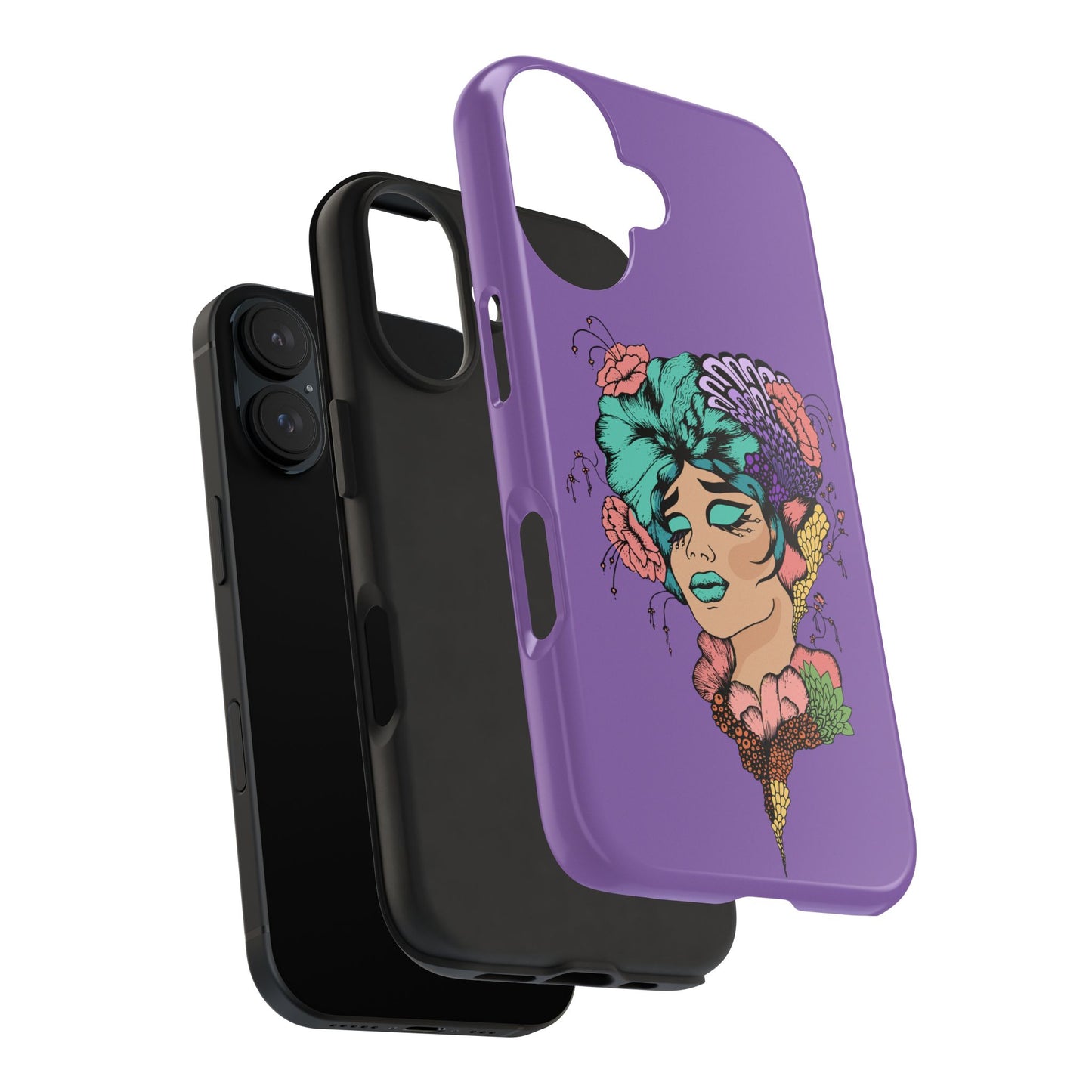 Floral Dreamer Tough Phone Case — Purple Artistic Woman Illustration, Protective iPhone Cover