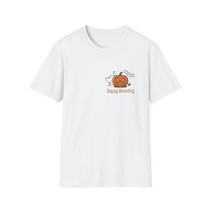 Halloween Pumpkin Graphic T-Shirt — "Happy Haunting" Cute Cat Jack-o'-Lantern Tee