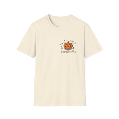 Halloween Pumpkin Graphic T-Shirt — "Happy Haunting" Cute Cat Jack-o'-Lantern Tee