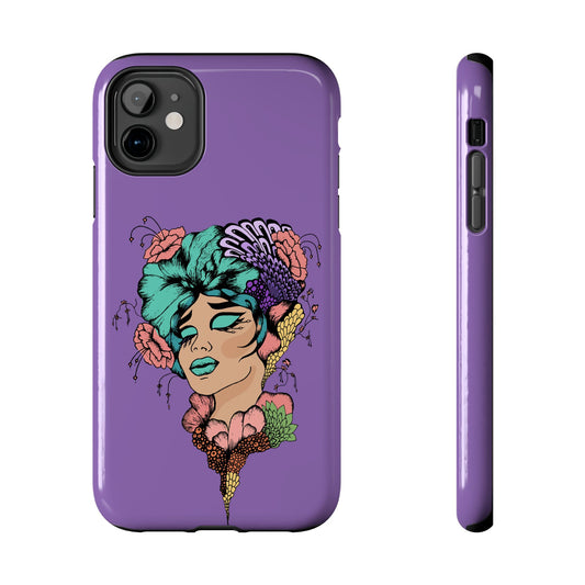 Floral Dreamer Tough Phone Case — Purple Artistic Woman Illustration, Protective iPhone Cover