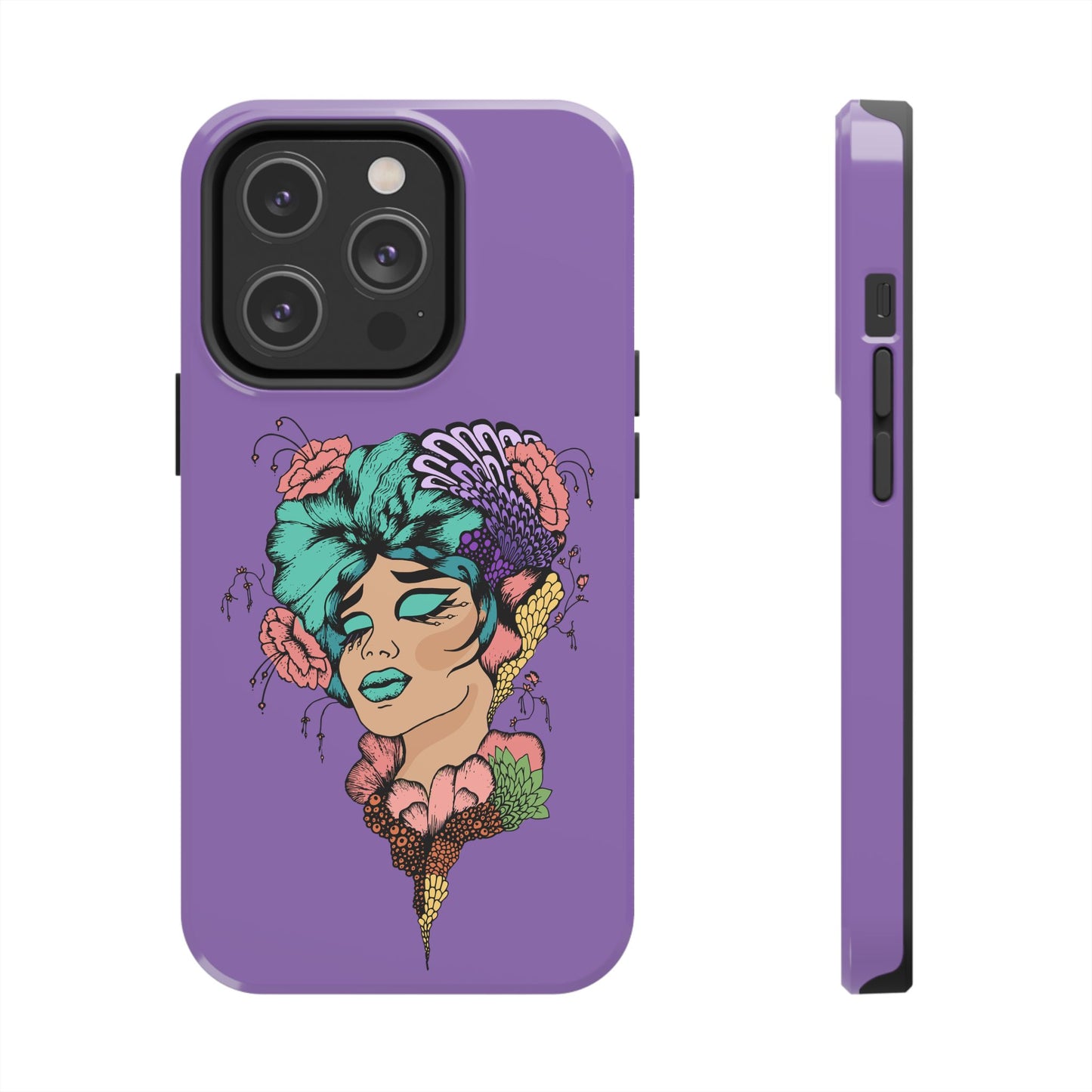 Floral Dreamer Tough Phone Case — Purple Artistic Woman Illustration, Protective iPhone Cover