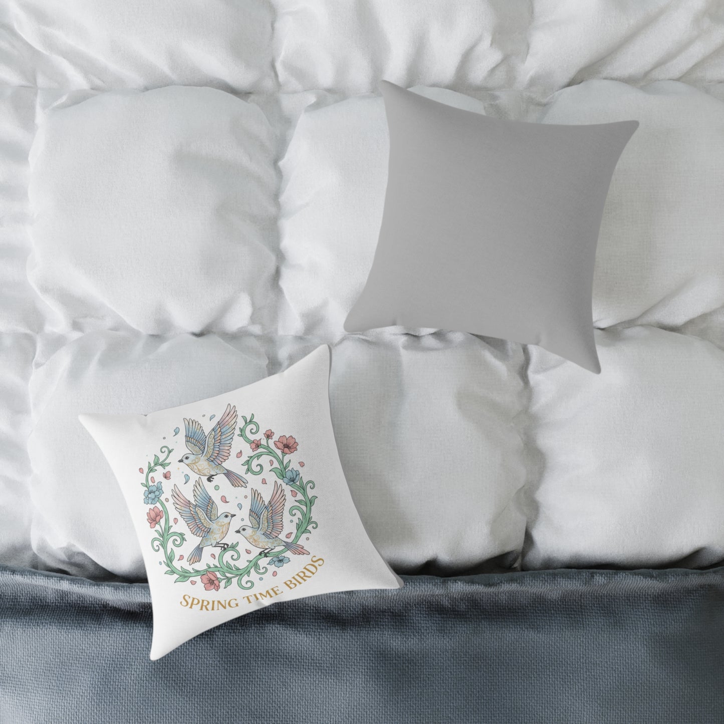 Spring Time Birds Square Throw Pillow — Floral Hummingbird Accent Cushion