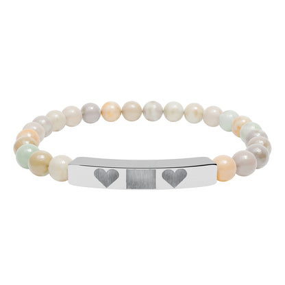 Engravable Natural Stone Bar Bracelet — Personalized Heart Stretch Bead Bracelet I LOVE YOU MOM WITH HEARTS