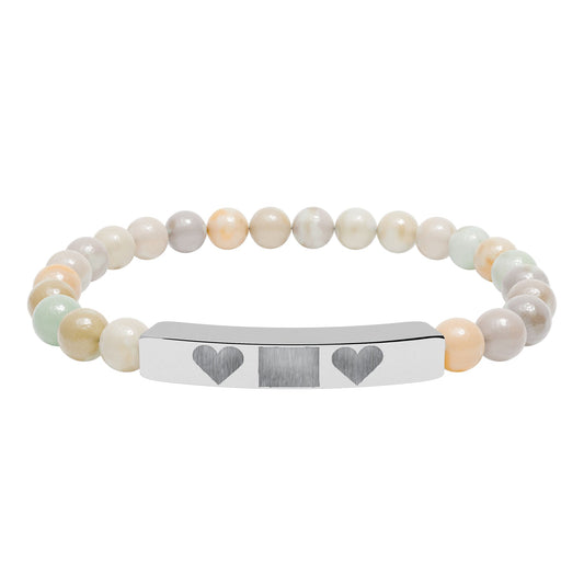 Engravable Natural Stone Bar Bracelet — Personalized Heart Stretch Bead Bracelet I LOVE YOU MOM WITH HEARTS