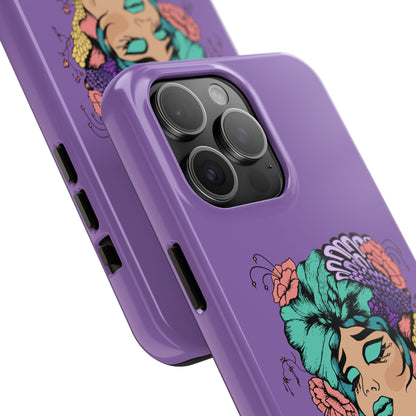 Floral Dreamer Tough Phone Case — Purple Artistic Woman Illustration, Protective iPhone Cover