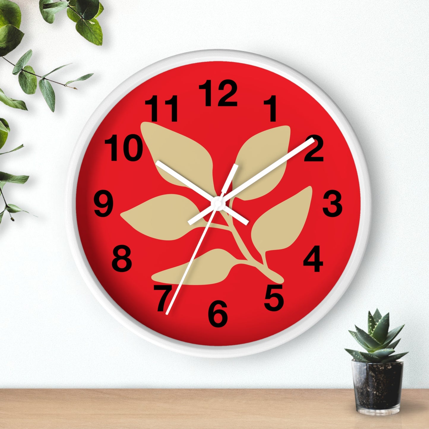 Botanical Red Wall Clock — Minimal Leaf Design Decorative Clock