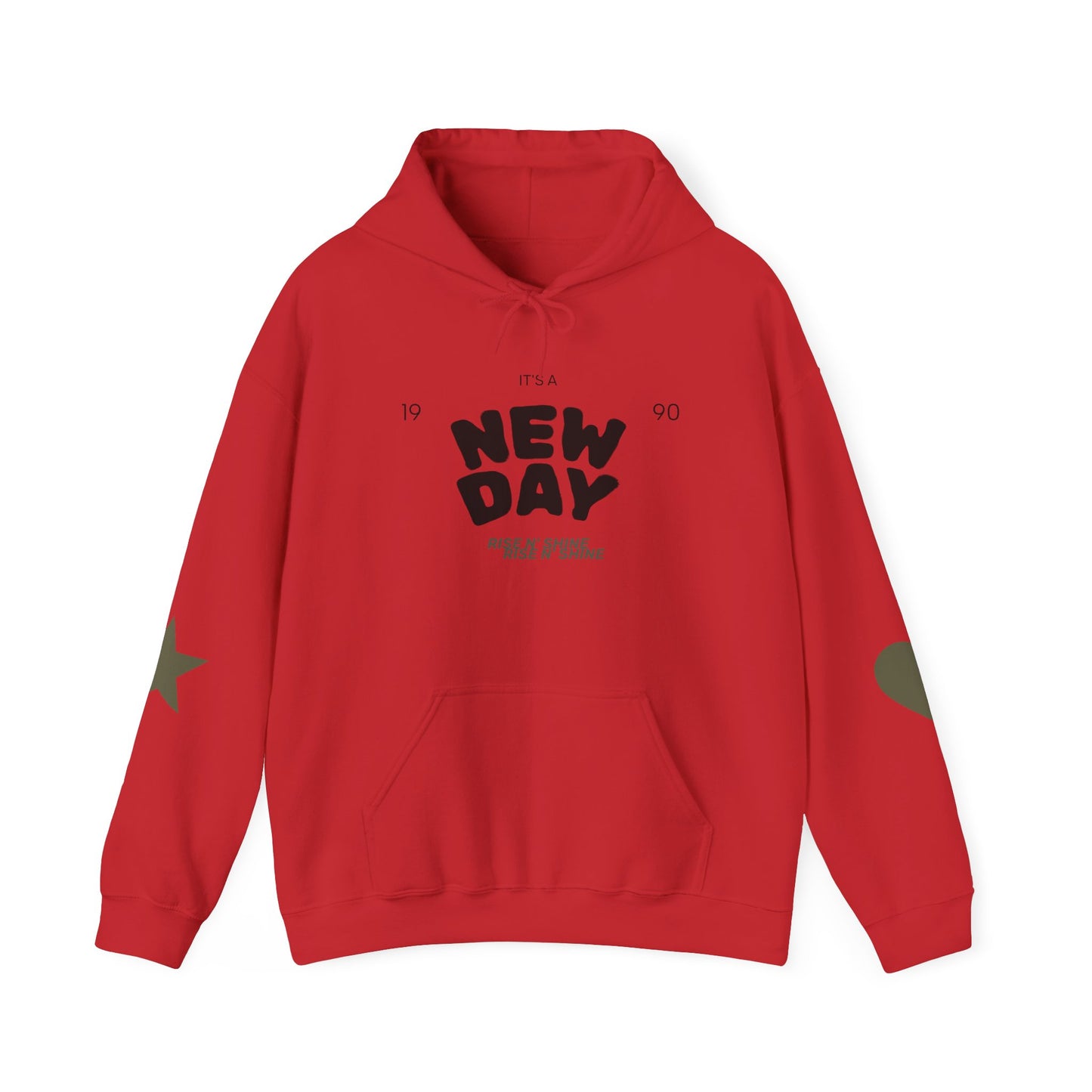 New Day Hoodie — "New Day" Graphic Pullover with Star & Heart Sleeve Accents