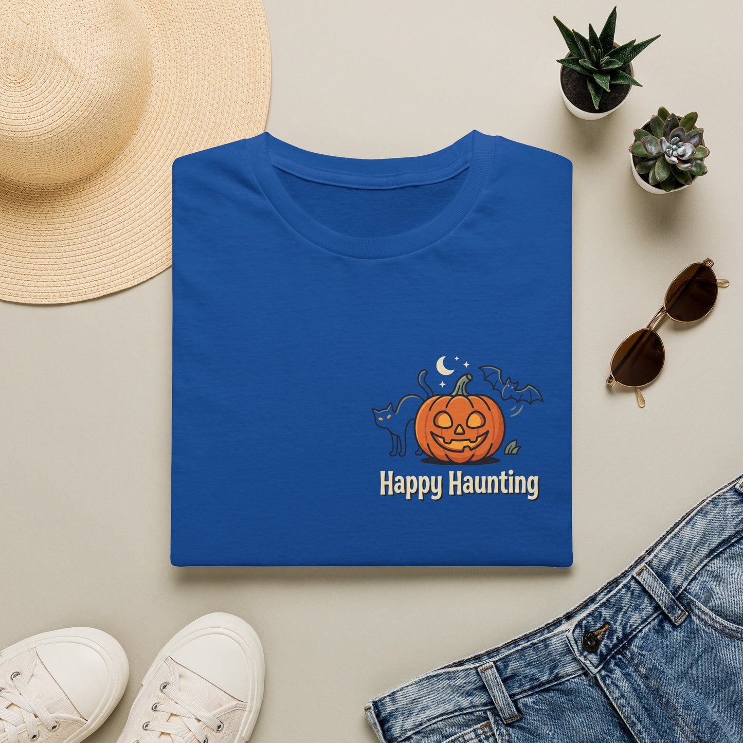 Halloween Pumpkin Graphic T-Shirt — "Happy Haunting" Cute Cat Jack-o'-Lantern Tee