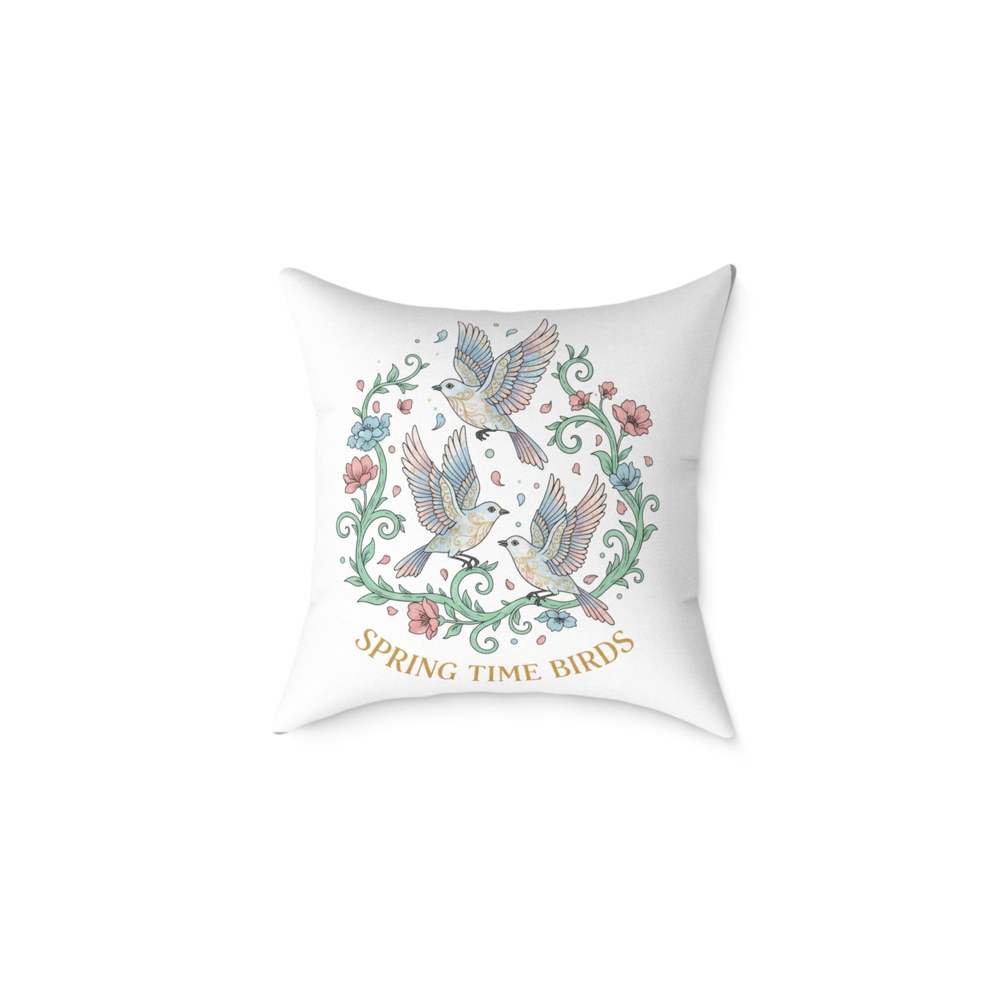 Spring Time Birds Square Throw Pillow — Floral Hummingbird Accent Cushion