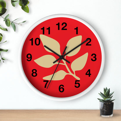 Botanical Red Wall Clock — Minimal Leaf Design Decorative Clock