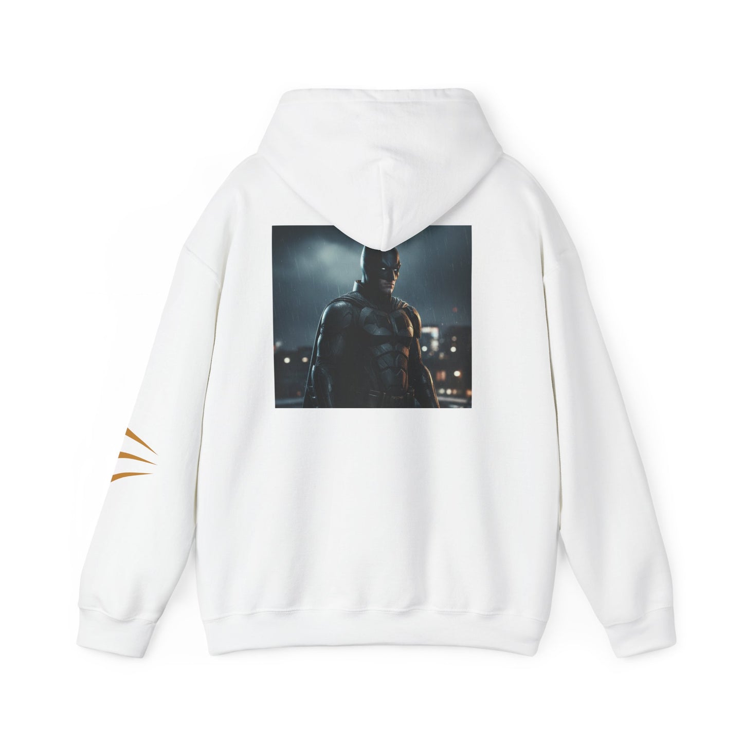 Graphic Hoodie — Gold Bat Logo & Nighttime Vigilante Back Print