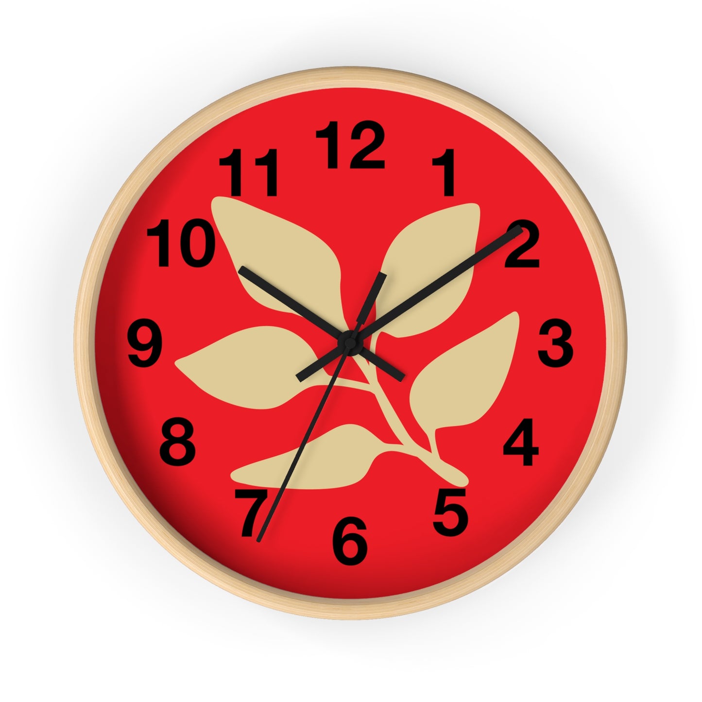 Botanical Red Wall Clock — Minimal Leaf Design Decorative Clock