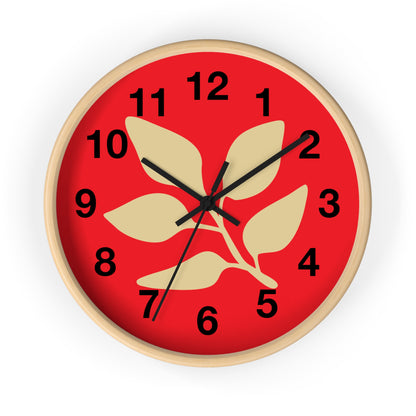 Botanical Red Wall Clock — Minimal Leaf Design Decorative Clock