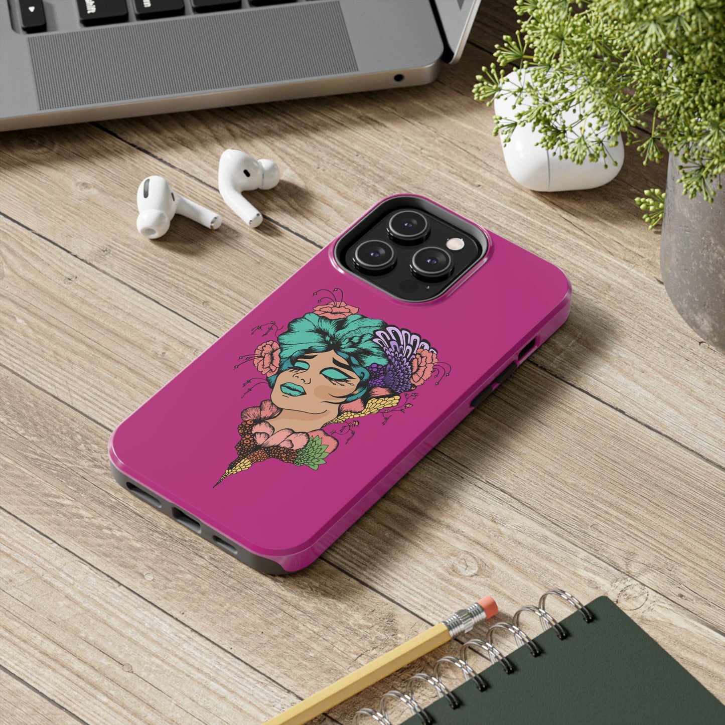Floral Muse Tough Phone Case — Bold Pink Artistic Portrait Phone Cover