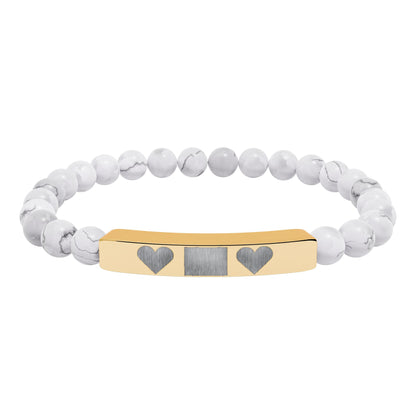 Engravable Natural Stone Bar Bracelet — Personalized Heart Stretch Bead Bracelet I LOVE YOU MOM WITH HEARTS