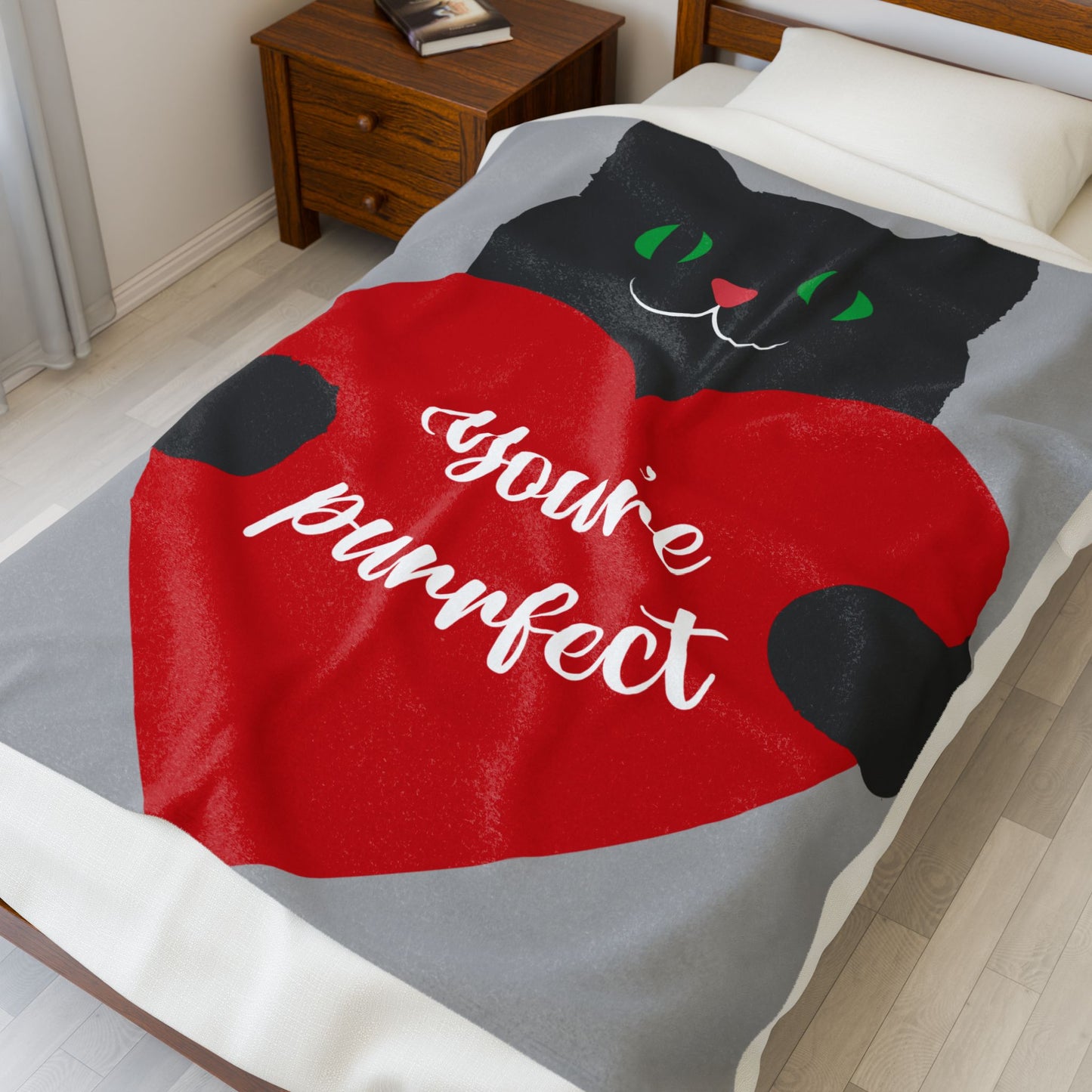 Plush Blanket - "You're Purrfect" Black Cat Heart Throw