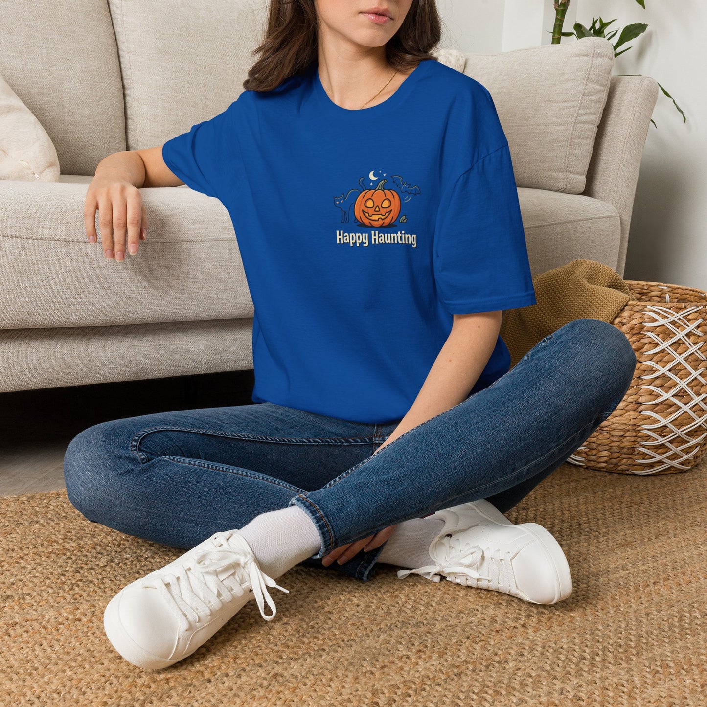 Halloween Pumpkin Graphic T-Shirt — "Happy Haunting" Cute Cat Jack-o'-Lantern Tee