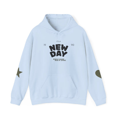 New Day Hoodie — "New Day" Graphic Pullover with Star & Heart Sleeve Accents