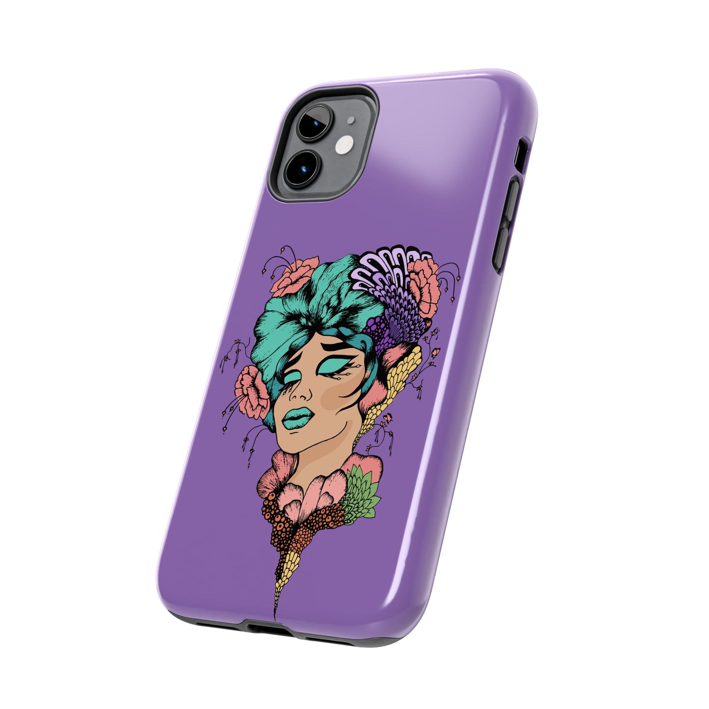 Floral Dreamer Tough Phone Case — Purple Artistic Woman Illustration, Protective iPhone Cover