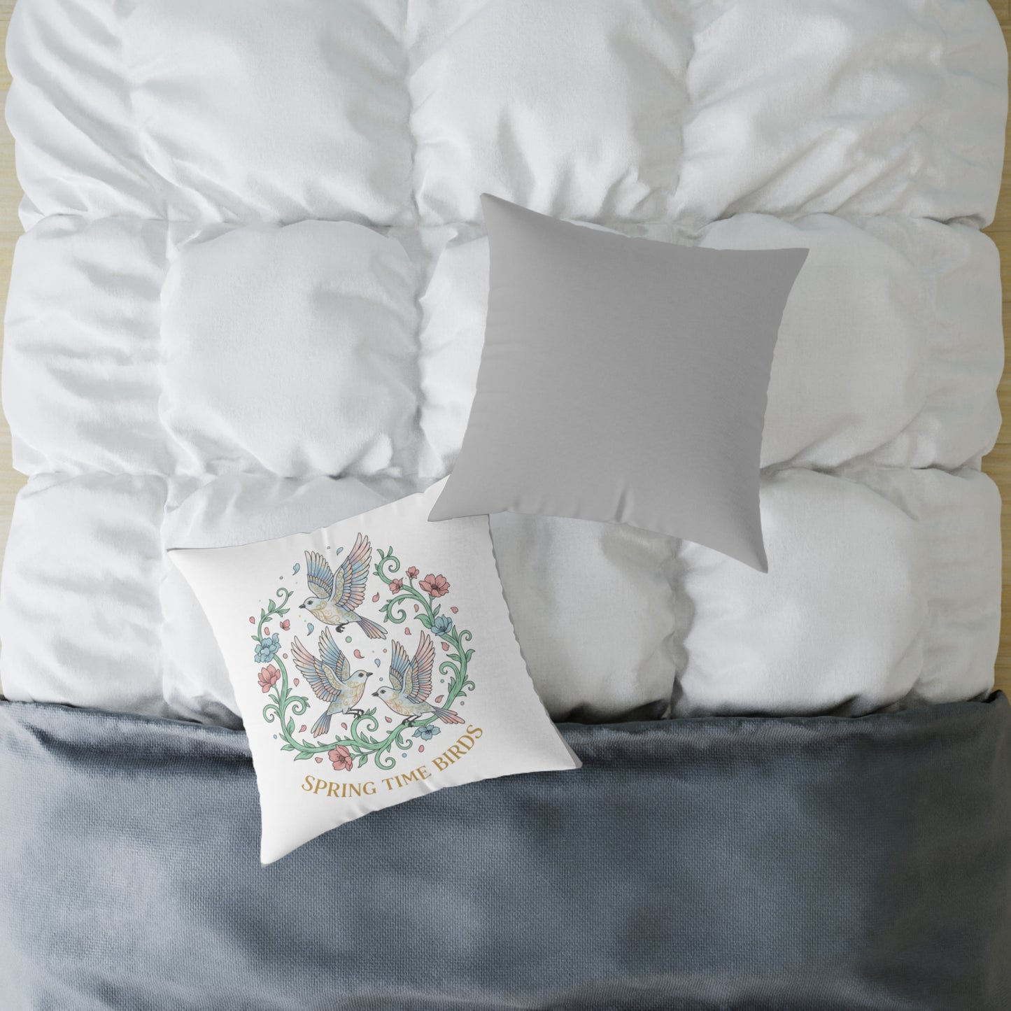 Spring Time Birds Square Throw Pillow — Floral Hummingbird Accent Cushion