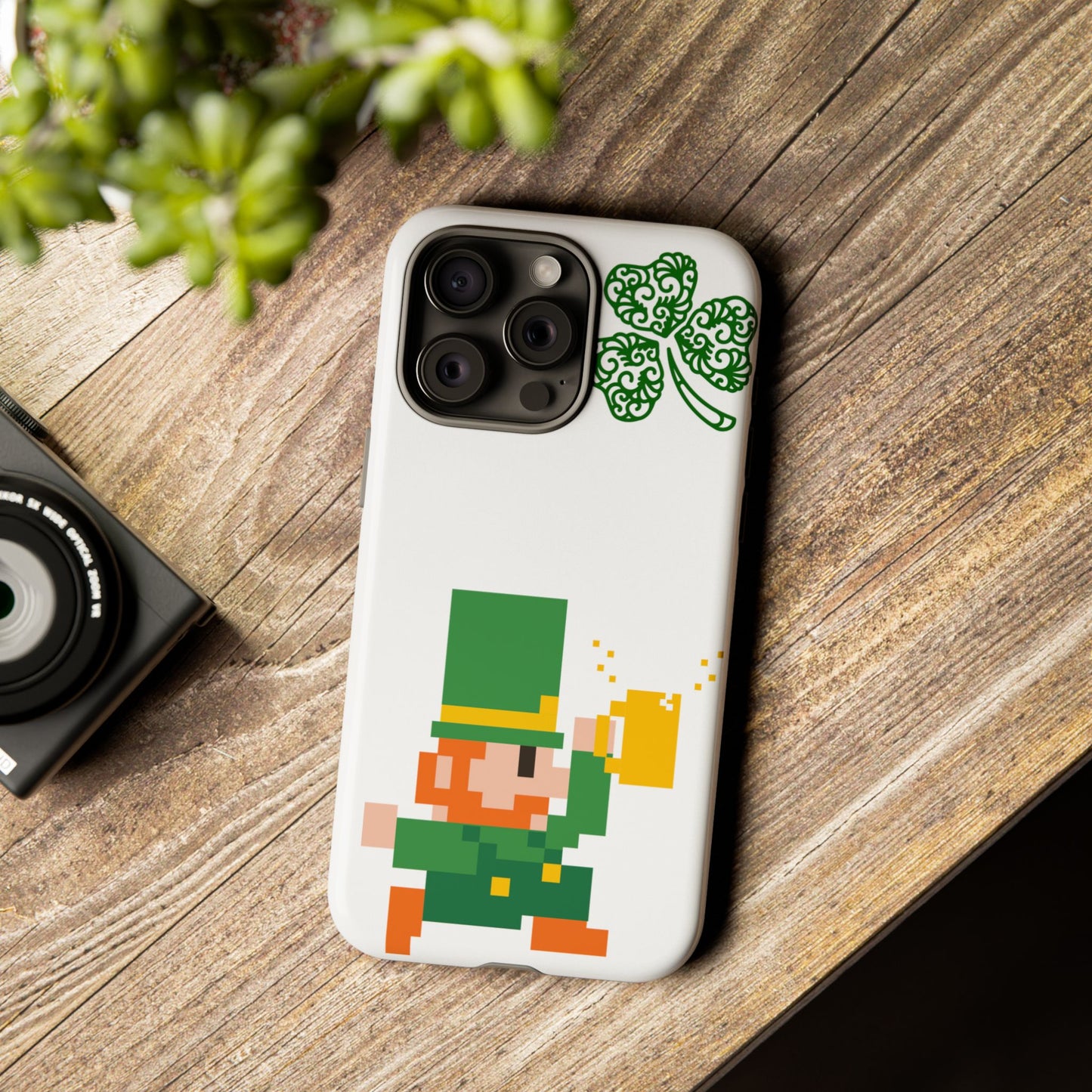 St. Patrick’s Pixel Leprechaun Phone Case — Cute Retro Gaming Clover Design