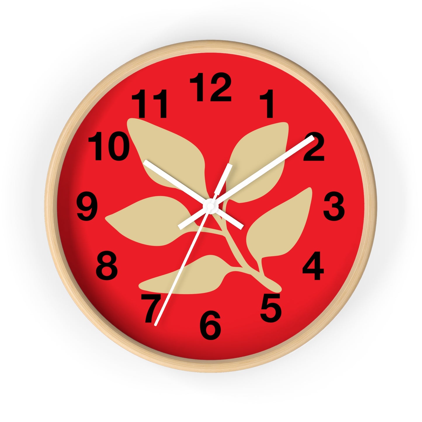 Botanical Red Wall Clock — Minimal Leaf Design Decorative Clock