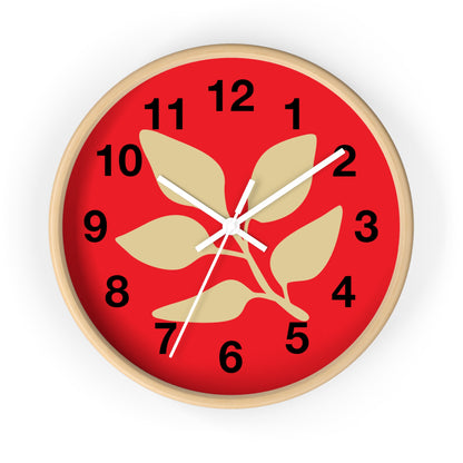 Botanical Red Wall Clock — Minimal Leaf Design Decorative Clock