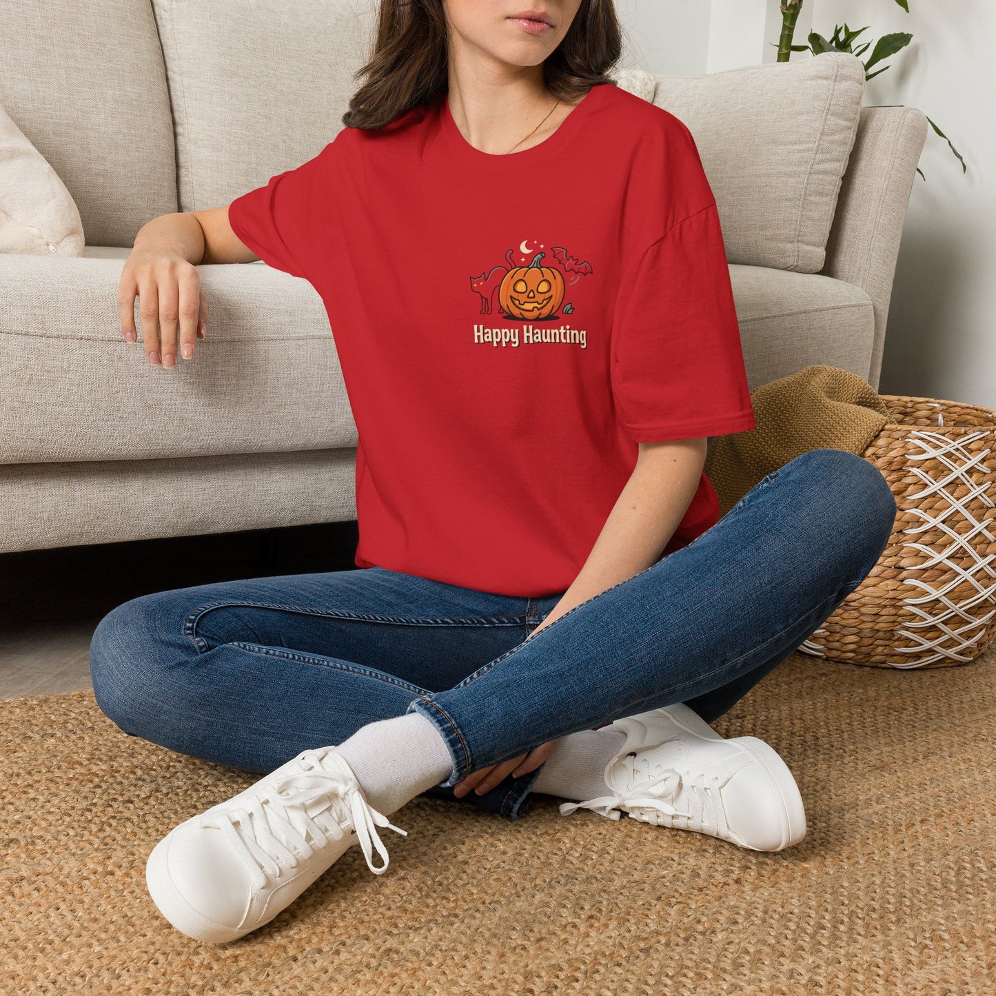 Halloween Pumpkin Graphic T-Shirt — "Happy Haunting" Cute Cat Jack-o'-Lantern Tee