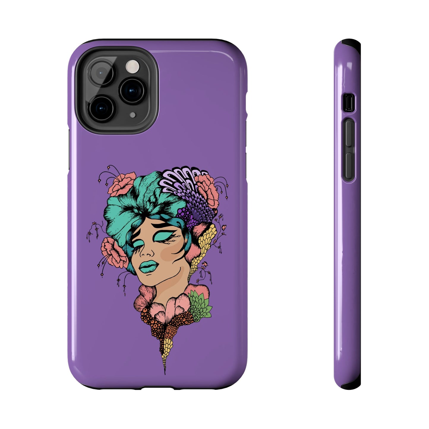 Floral Dreamer Tough Phone Case — Purple Artistic Woman Illustration, Protective iPhone Cover
