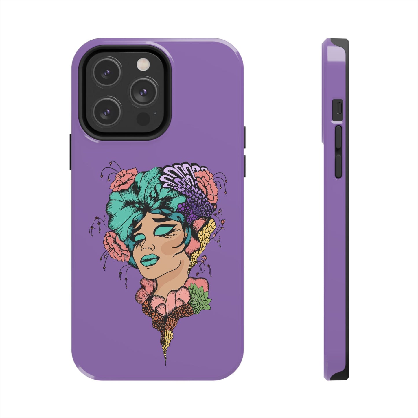 Floral Dreamer Tough Phone Case — Purple Artistic Woman Illustration, Protective iPhone Cover