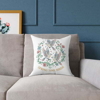 Spring Time Birds Square Throw Pillow — Floral Hummingbird Accent Cushion