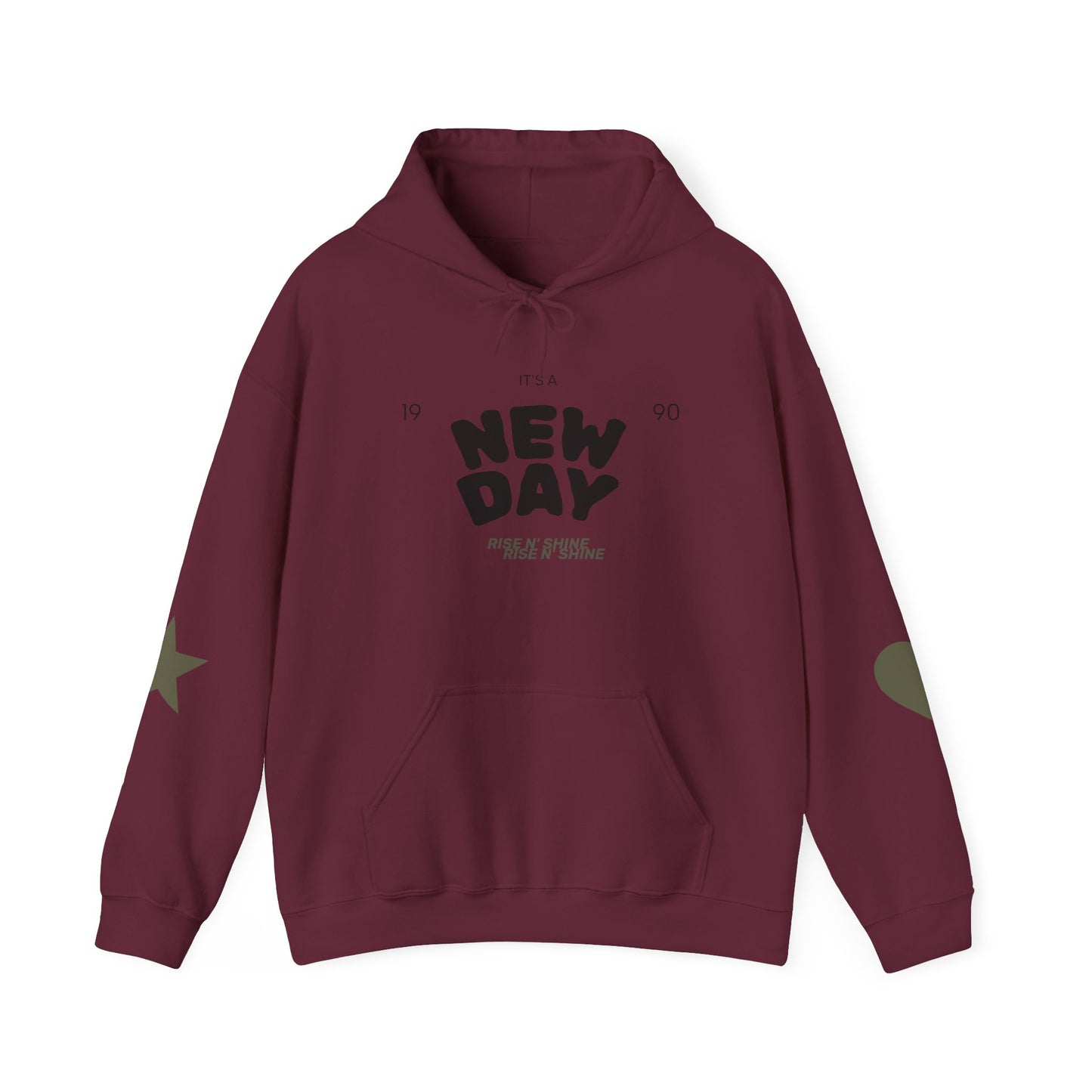 New Day Hoodie — "New Day" Graphic Pullover with Star & Heart Sleeve Accents