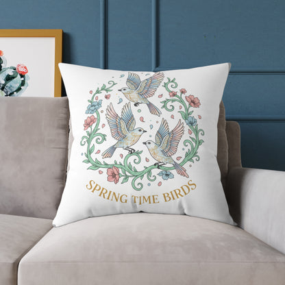 Spring Time Birds Square Throw Pillow — Floral Hummingbird Accent Cushion