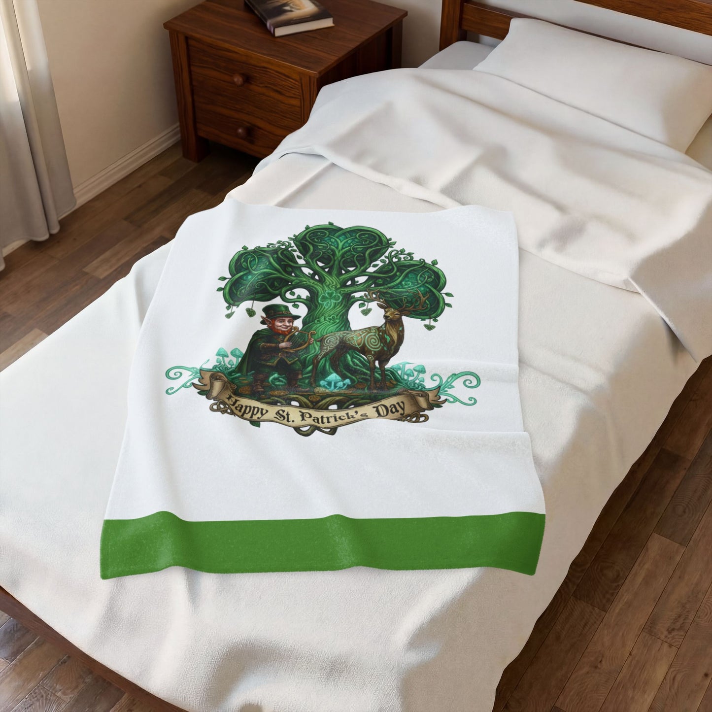 St. Patrick's Day Velveteen Plush Blanket — Celtic Tree, Leprechaun & Deer Design