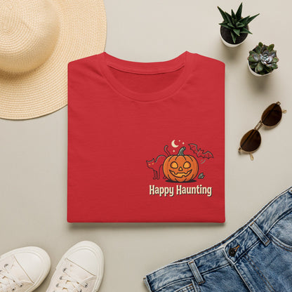 Halloween Pumpkin Graphic T-Shirt — "Happy Haunting" Cute Cat Jack-o'-Lantern Tee