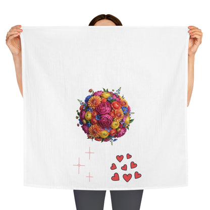 Floral Heart Bouquet Tea Towel — Bright Flower Ball with Hearts Kitchen Towel