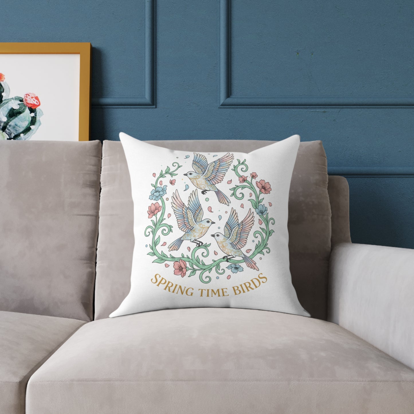 Spring Time Birds Square Throw Pillow — Floral Hummingbird Accent Cushion