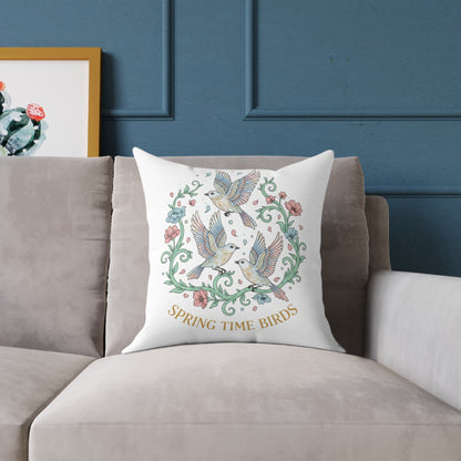 Spring Time Birds Square Throw Pillow — Floral Hummingbird Accent Cushion