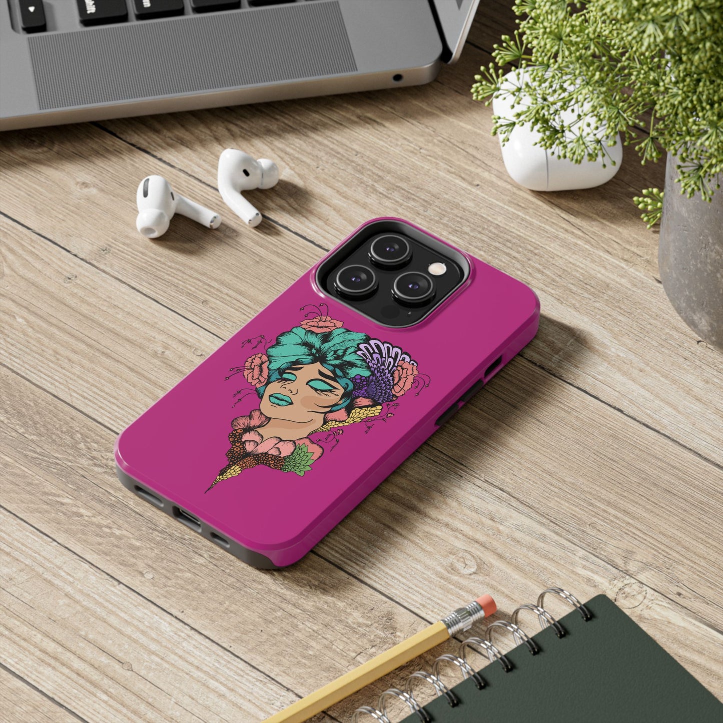 Floral Muse Tough Phone Case — Bold Pink Artistic Portrait Phone Cover
