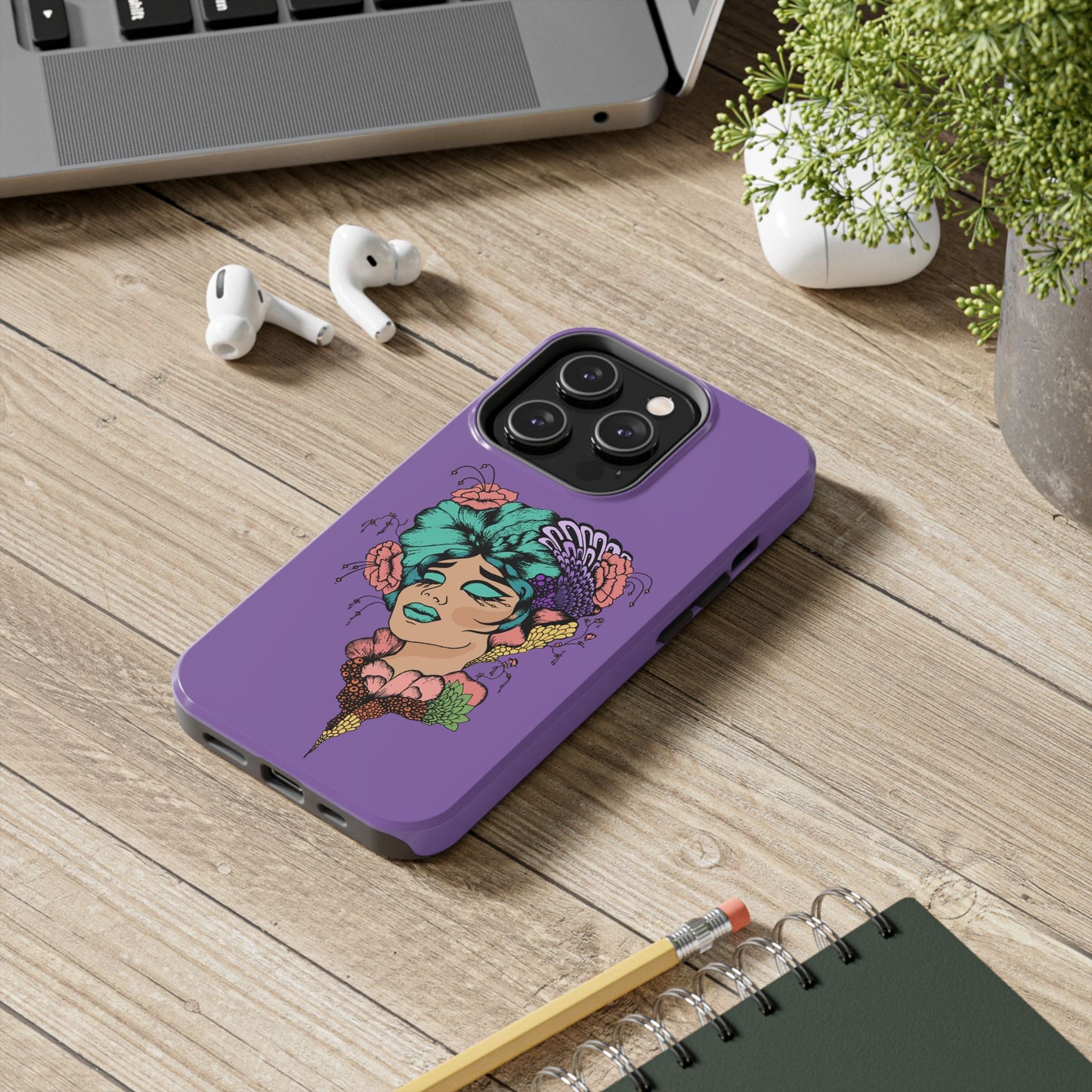Floral Dreamer Tough Phone Case — Purple Artistic Woman Illustration, Protective iPhone Cover