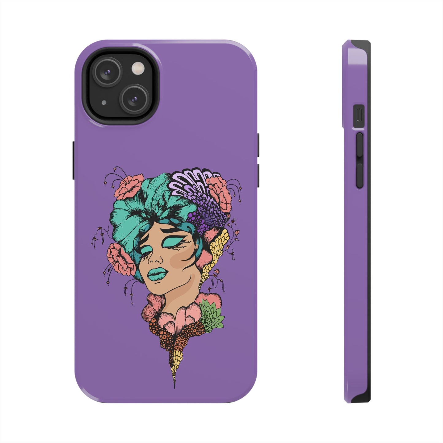 Floral Dreamer Tough Phone Case — Purple Artistic Woman Illustration, Protective iPhone Cover