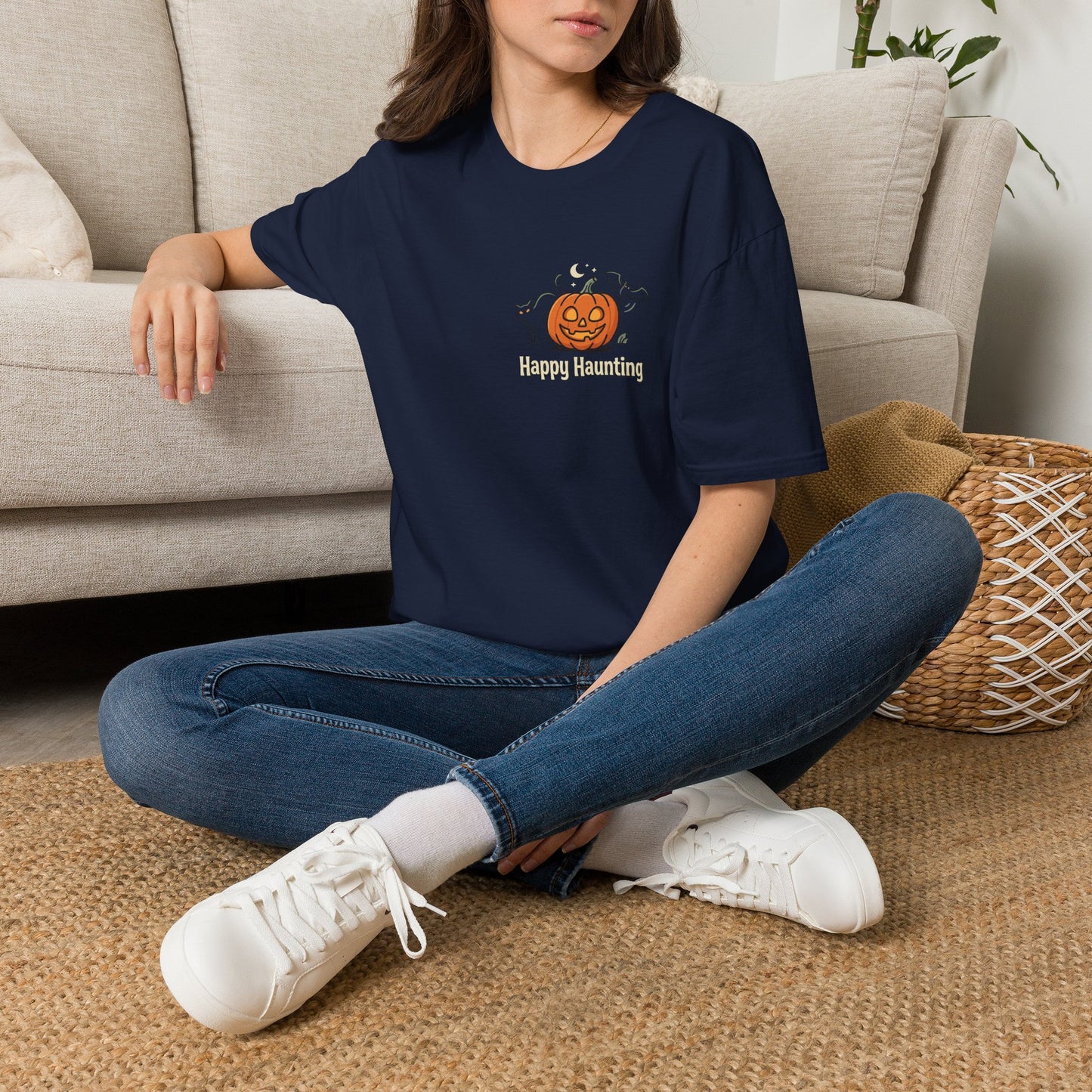 Halloween Pumpkin Graphic T-Shirt — "Happy Haunting" Cute Cat Jack-o'-Lantern Tee