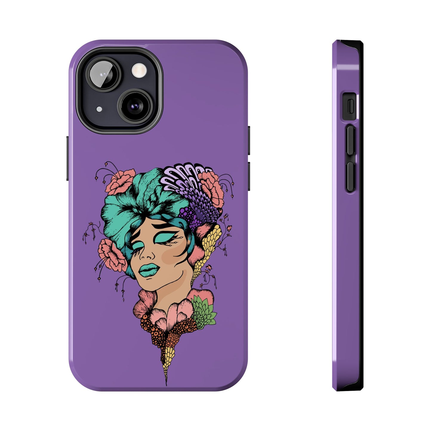 Floral Dreamer Tough Phone Case — Purple Artistic Woman Illustration, Protective iPhone Cover